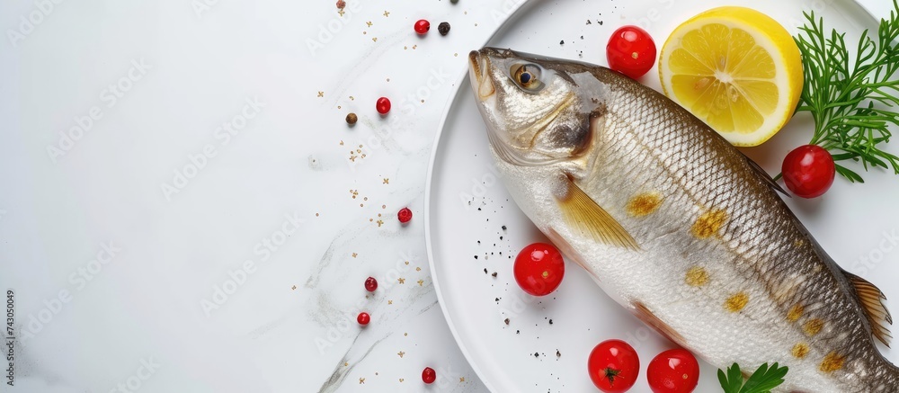 Poster fried carp whole served with lemon and cherry tomatoes on white plate christmas decoration. with cop