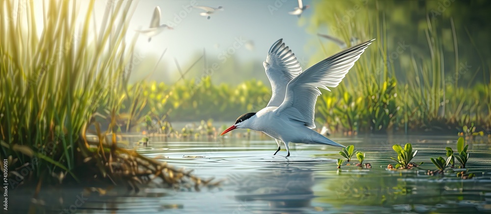 Aufkleber Whiskered tern adult birds at a wetland in spring. with copy space image. Place for adding text or design