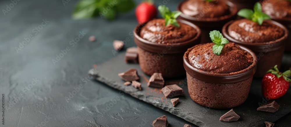 Aufkleber delicious triple chocolate mousse desserts in glasses. with copy space image. place for adding text 