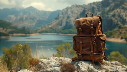 Backpack on the background of a mountain lake. The concept of travel and tourism.