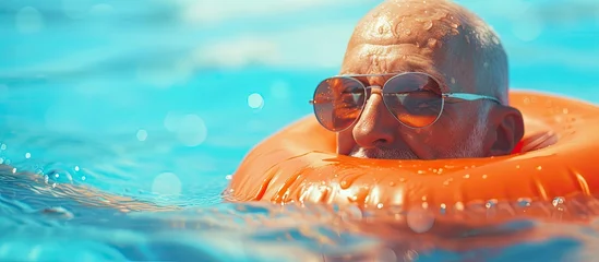 Fotobehang Happy black senior man having party in the swimming pool Active elderly male person sunbathing and relaxing in a private pool during summertime. with copy space image. Place for adding text or design © vxnaghiyev
