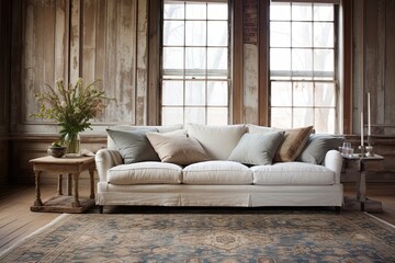 Farmhouse Chic: Distressed Furniture Living Room Inspirations with Textile Rug Decor