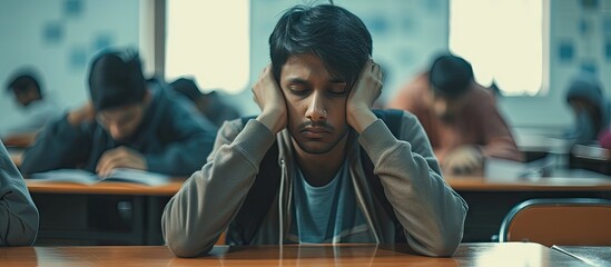 Indian man student and bored in classroom tired and stress with notes examination or task Young male guy or exhausted for education test or notes for assignment with headache and depressed