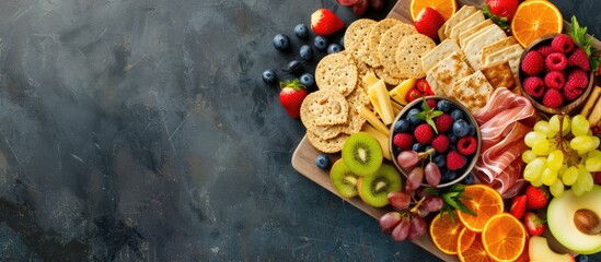 Vegan cheese tray with crackers and fruit Vegan charcuterie board. with copy space image. Place for adding text or design - obrazy, fototapety, plakaty