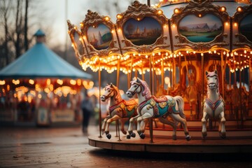 Enjoy a fun carousel ride with beautiful horse sculptures at the amusement park - obrazy, fototapety, plakaty