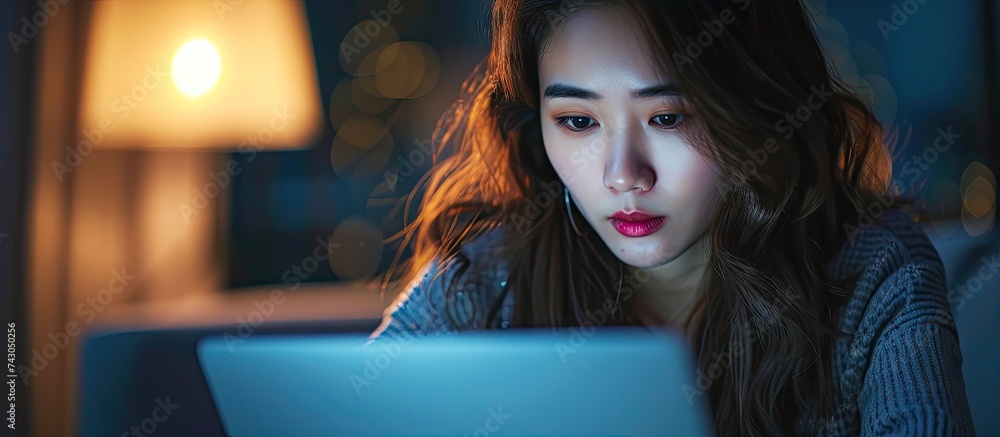 Poster Asian woman using laptop feeling worried of problem message risk alert symbol while accessing computer device through internet network Data security protection systems are attacked by cyber thr