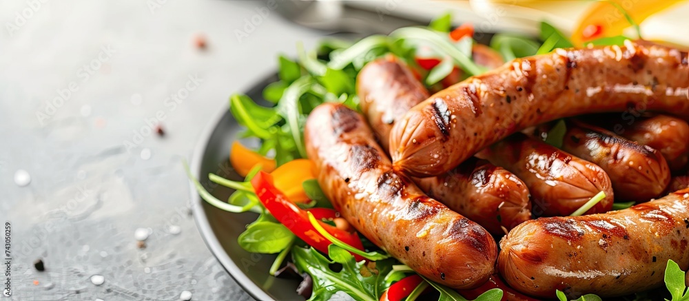 Poster Sausages frankfurter and salad on plate closeup. with copy space image. Place for adding text or design
