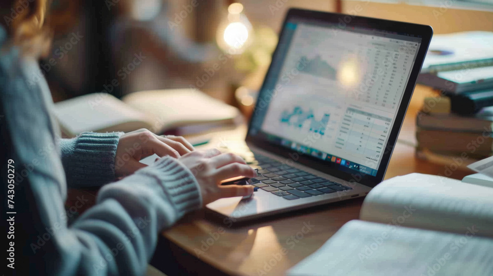 Poster professionals are analyzing data on a laptop screen, which displays various colorful graphs and charts.