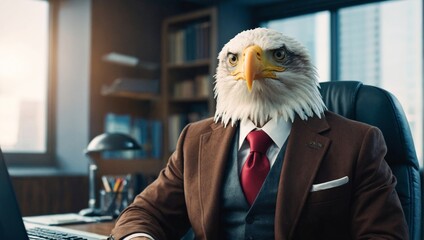 Boss eagle animal concept Anthropomorphic wearing suit formal business suit to works in corporate office  workplace in the personal company