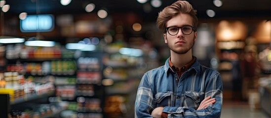 Young sales clerk grimacing with crossed arms at supermarket. with copy space image. Place for adding text or design - obrazy, fototapety, plakaty