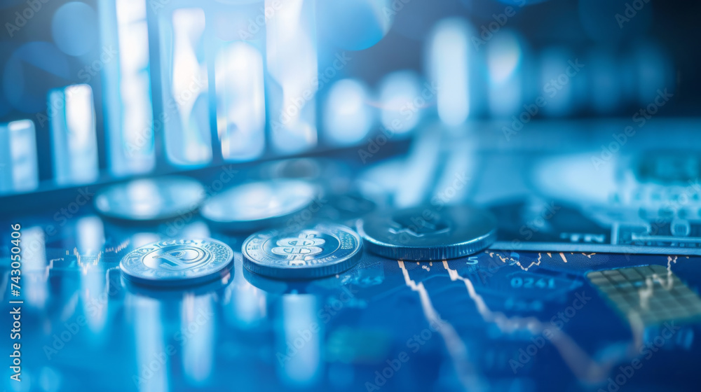 Poster stacks of coins with a backdrop of glowing blue digital graphs and circuitry, symbolizing the inters