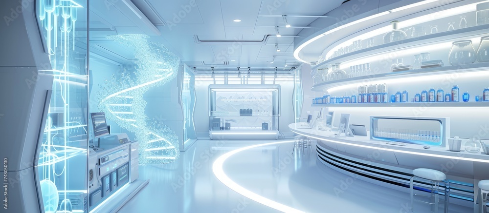 Poster interior of modern scientific research laboratory genetic engineer workplace future technology and s