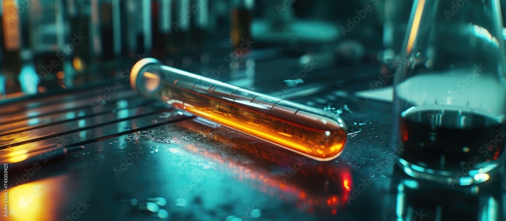 Aufkleber Test tube with formula inside in arm Macro image with selective. with copy space image. Place for adding text or design