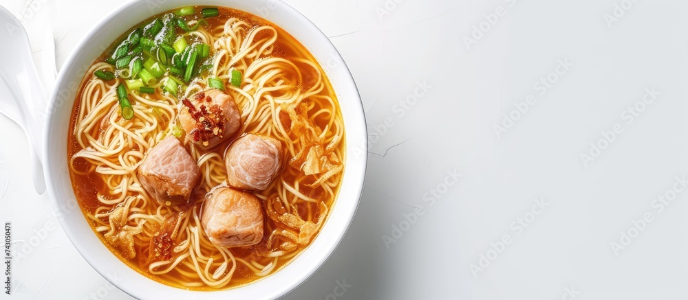 Poster Paste of rice flour Chinese Roll Noodle Soup Kuay Jab with Crispy pork and Seasoning. with copy space image. Place for adding text or design