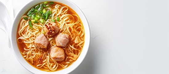 Paste of rice flour Chinese Roll Noodle Soup Kuay Jab with Crispy pork and Seasoning. with copy space image. Place for adding text or design - obrazy, fototapety, plakaty