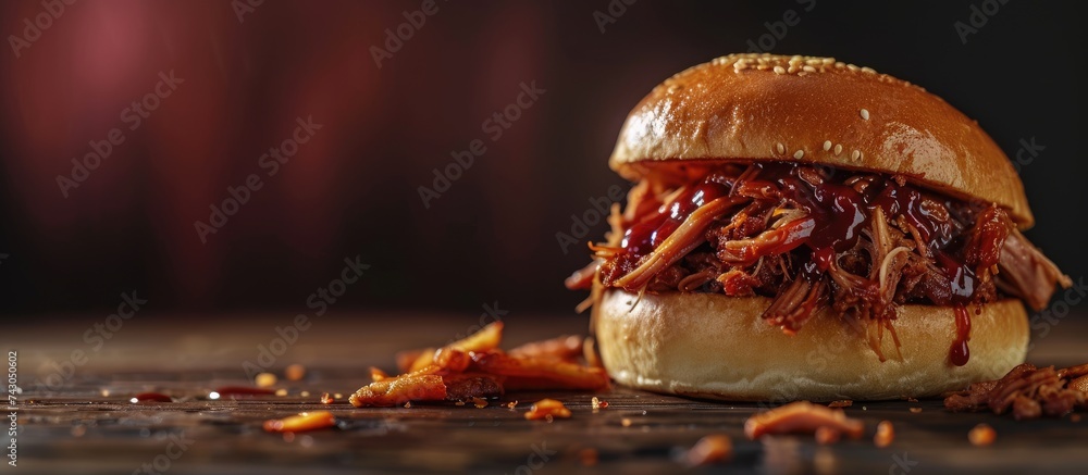Poster A delicious pulled pork sandwich with barbecue sauce on a bun. with copy space image. Place for adding text or design