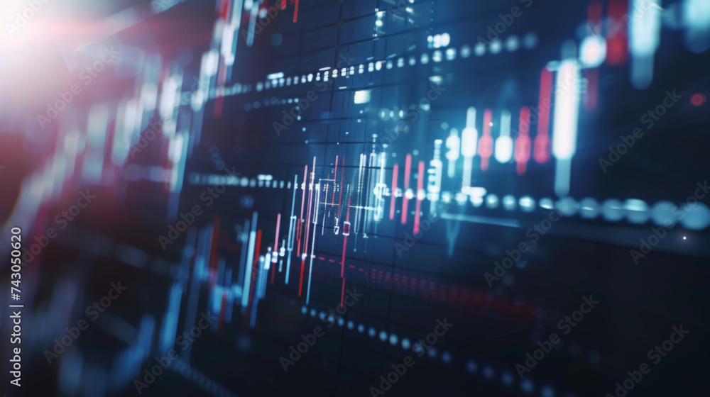 Poster digital financial graph with fluctuating stock market data and trading indicators