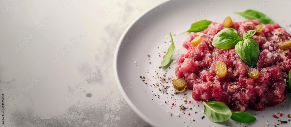Poster Cooking savory beef tartare with pickled gherkins and brown bread toasts Flat lay with copy space. with copy space image. Place for adding text or design