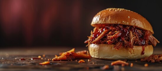 A delicious pulled pork sandwich with barbecue sauce on a bun. with copy space image. Place for adding text or design - obrazy, fototapety, plakaty