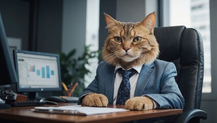 Boss cat animal concept Anthropomorphic wearing suit formal business suit to works in corporate office  workplace in the personal company