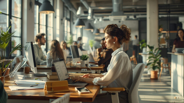 A focused professional woman works on a laptop in a sunlit modern office environment with colleagues and plants in the background.