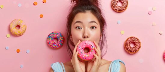 asian woman eat high sugar content food and has Gastroesophageal Reflux Disease feel uncomfortable. with copy space image. Place for adding text or design - obrazy, fototapety, plakaty