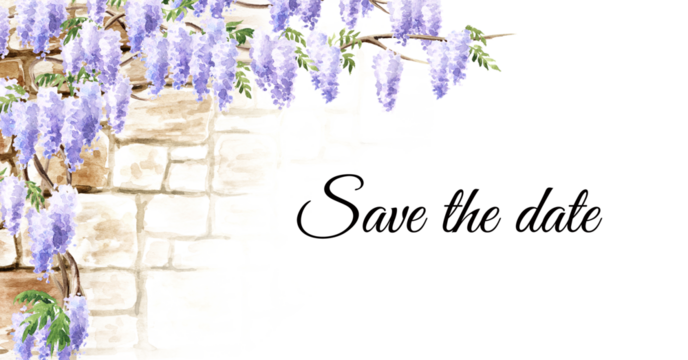 Wisteria blossom save the date invitation or greeting card  background.  Hand  drawn watercolor   illustration