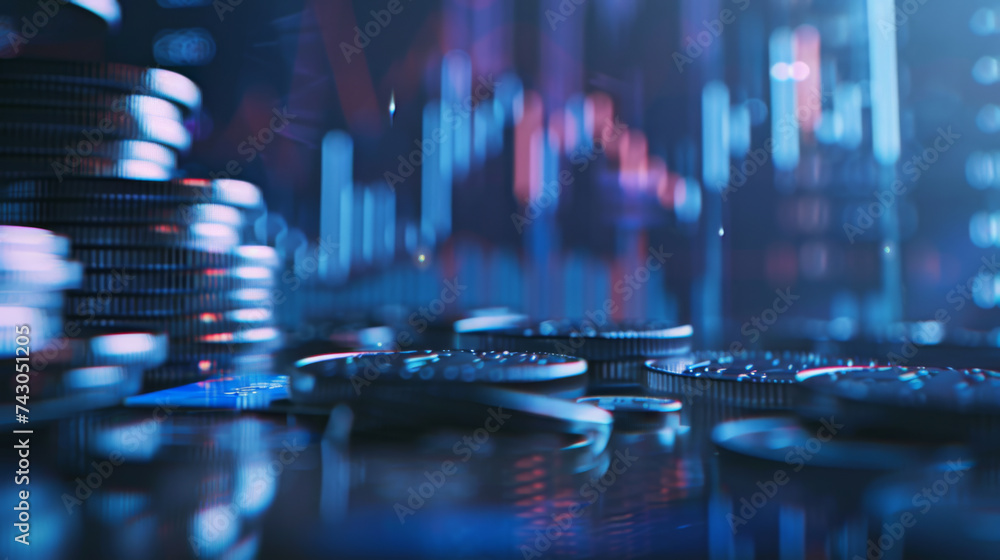 Poster stacks of coins with a backdrop of glowing blue digital graphs and circuitry, symbolizing the inters