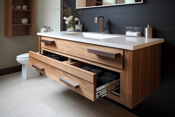 Floating Vanity Bathroom Designs: Innovative Cabinet Storage Solutions with Wood Finish Crafted for Modern Design Aesthetics.
