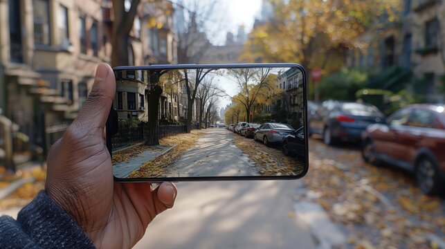 Taking photo on smartphone of autumn street