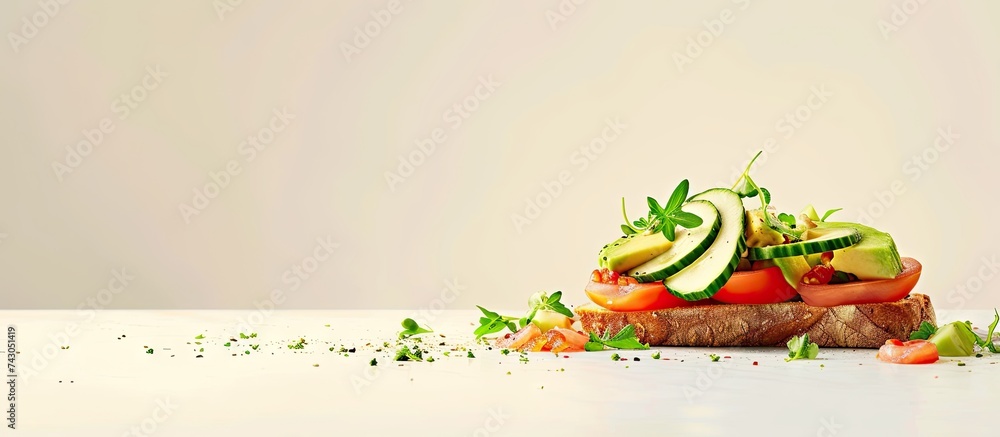 Fototapete Tasty open sandwich from toasted sourdough bread with mashed avocado slices of fresh cucumber and cherry tomatoes. with copy space image. Place for adding text or design
