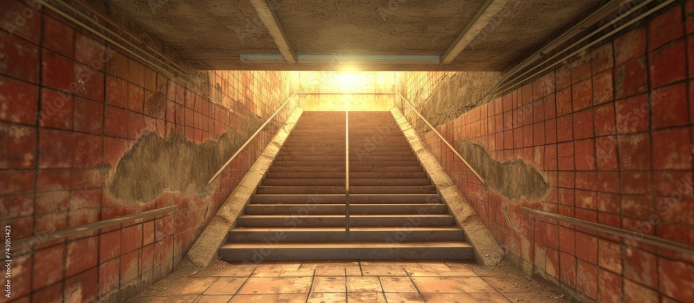 Poster dark underground stairs leading up into the light. with copy space image. place for adding text or d