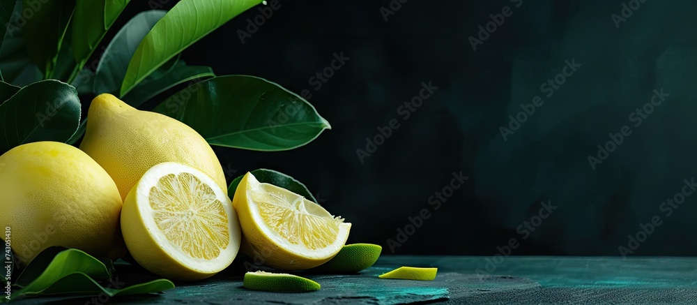 Poster peeled pomelo on the table cooking with ripe yellow pomelo. with copy space image. place for adding 