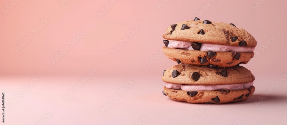 Poster homemade chocolate chip cookie ice cream sandiwch. with copy space image. place for adding text or d