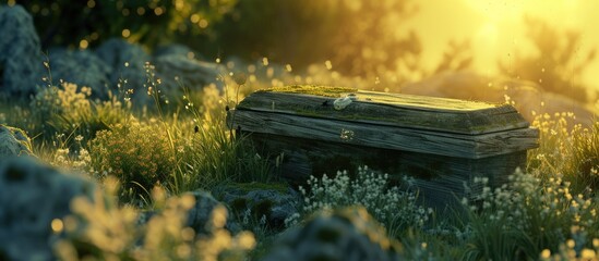 photo of wooden coffin at a graveyard. with copy space image. Place for adding text or design