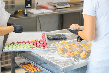 Factory for making dumplings from dough and minced meat. Background with selective focus and copy space