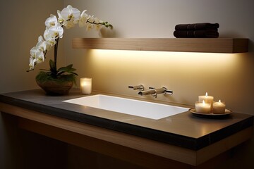 Cozy Candlelit Floating Vanity Bathroom Designs with Stylish Shelf Decor