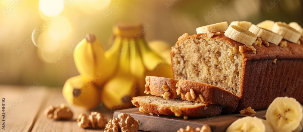 Fototapete Sliced banana bread with a walnuts nuts. with copy space image. Place for adding text or design