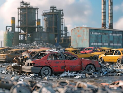 3D visualization of a pile of destroyed cars at the entrance of a recycling plant with the plant actively converting them into reusable materials