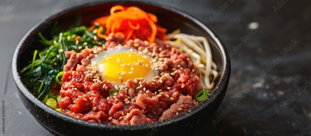 Poster korean style raw beef beef tartare bibimbap. with copy space image. place for adding text or design