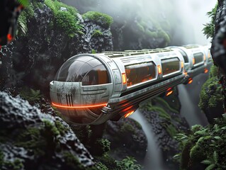 A 3D render of a unique futuristic sky train emerging from a tunnel - obrazy, fototapety, plakaty