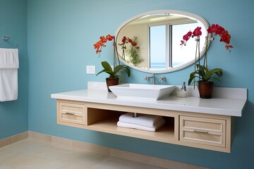 Floating Vanity Bathroom Designs: Mediterranean Blue Wall and Matching Vanity Splendor