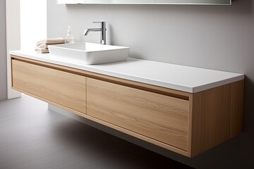 Fototapeta na wymiar Nordic-Inspired Floating Vanity Bathroom Designs: Flat Wall Mount Cabinet Elegance