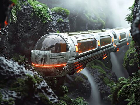 A 3D render of a unique futuristic sky train emerging from a tunnel