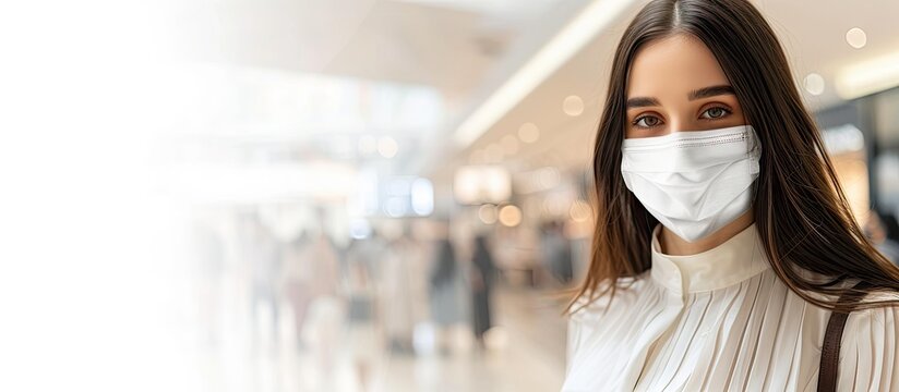 woman with face mask is shopping clothes in Shopping center. with copy space image. Place for adding text or design