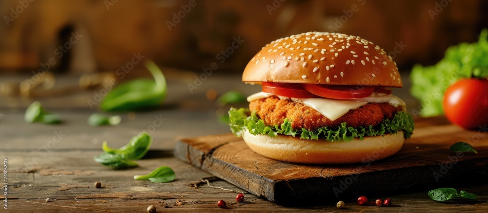 Poster crispy breaded chicken burger with mozzarella cheese standing on wooden cutting board. with copy space image. Place for adding text or design