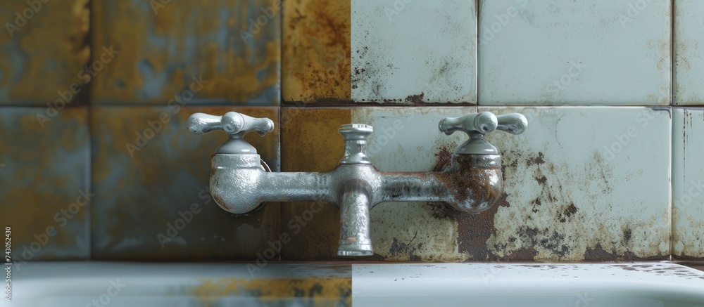 Poster compare image before after cleaning with special detergent of the dirty stainless faucet cover with 