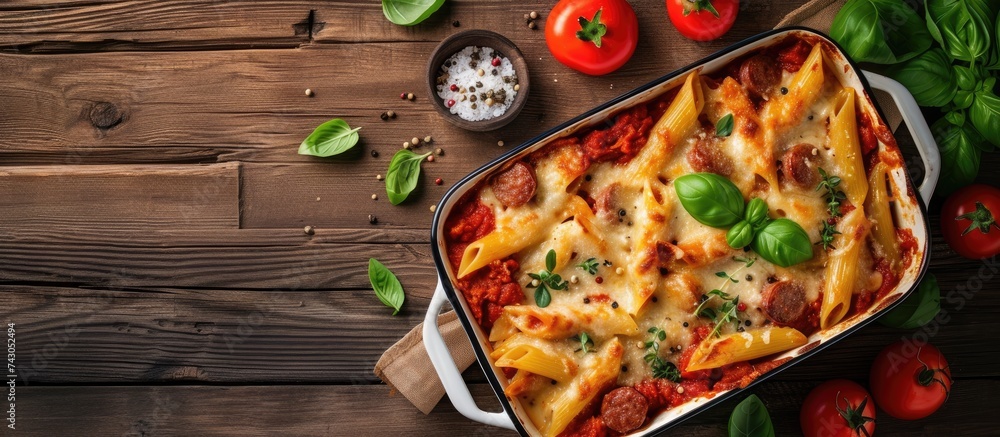 Aufkleber baked spaghetti pasta with sausages in tomato sauce in the oven dish copy space. with copy space ima