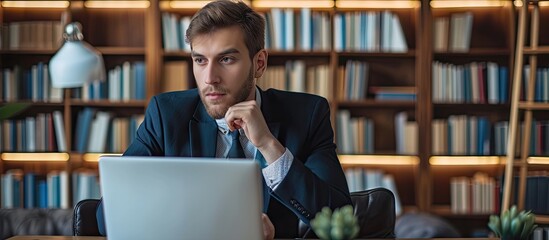 I wonder what I should do here Cropped shot of a handsome young businessman sitting in his home office and looking contemplative while working on his laptop. with copy space image