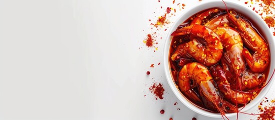 Korean style pickled shrimps Saewoo Jang marinate raw shrimps with chili garlic and soy sauce. with copy space image. Place for adding text or design - obrazy, fototapety, plakaty